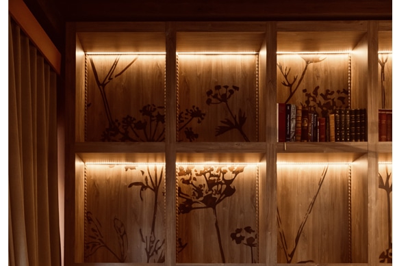 Bibliothèque en bois clair. Éclairage LED intégré sur des fonds gravés de motifs floraux botaniques sombres. Ambiance chaleureuse avec livres anciens.