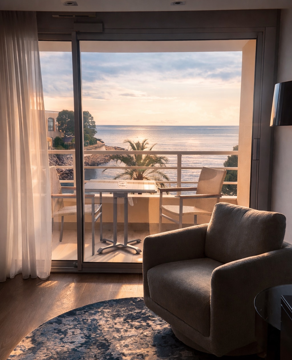 Vue mer apaisante depuis un balcon d'hôtel au coucher du soleil avec table de terrasse et fauteuil cosy.